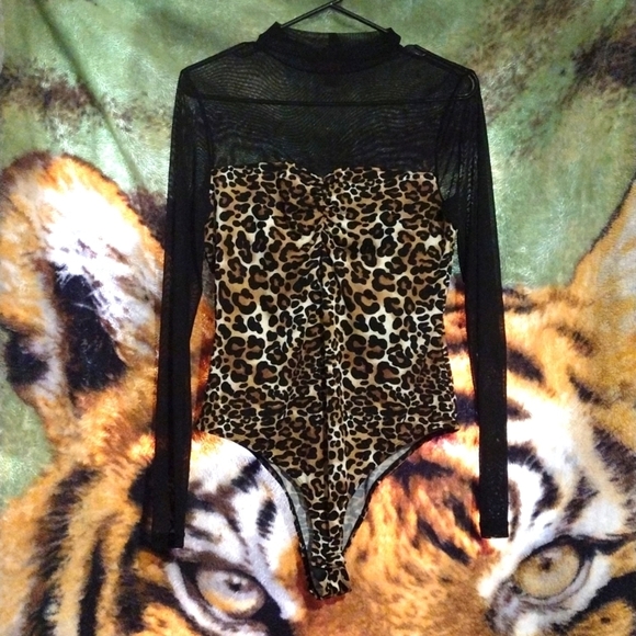 Hot Kiss Tops - New!! Hot Kiss Leopard Print and Black Mesh Thong Bodysuit